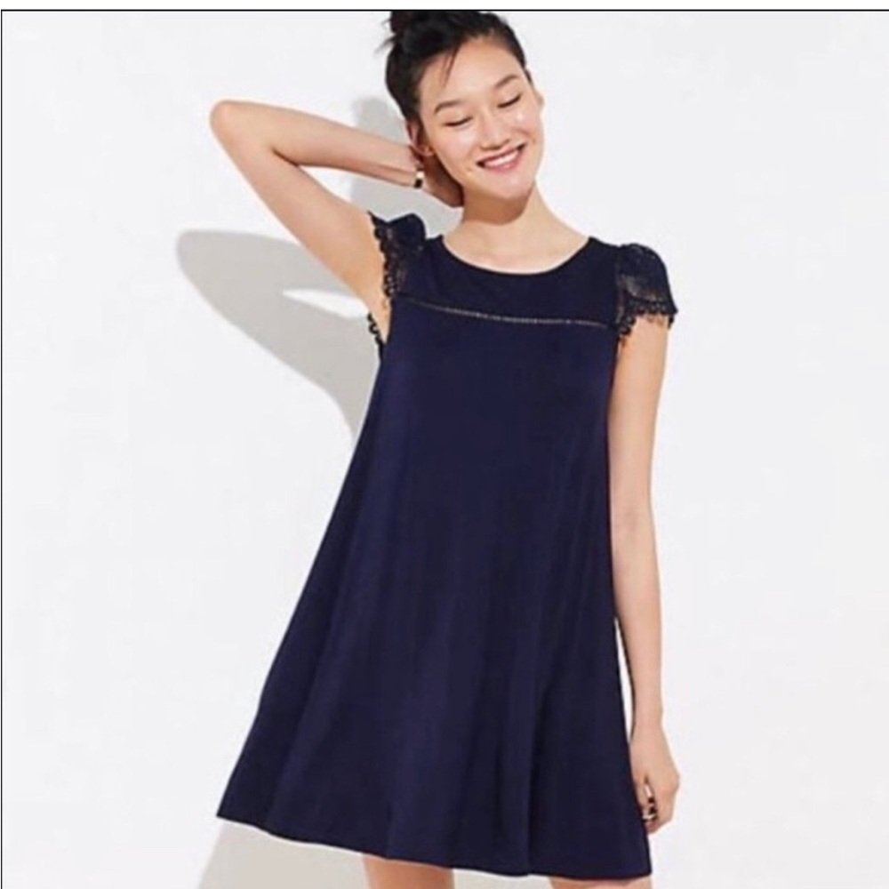 Loft Navy Blue Women’s Swing Dress With Lace Cap Sleeves Size Small